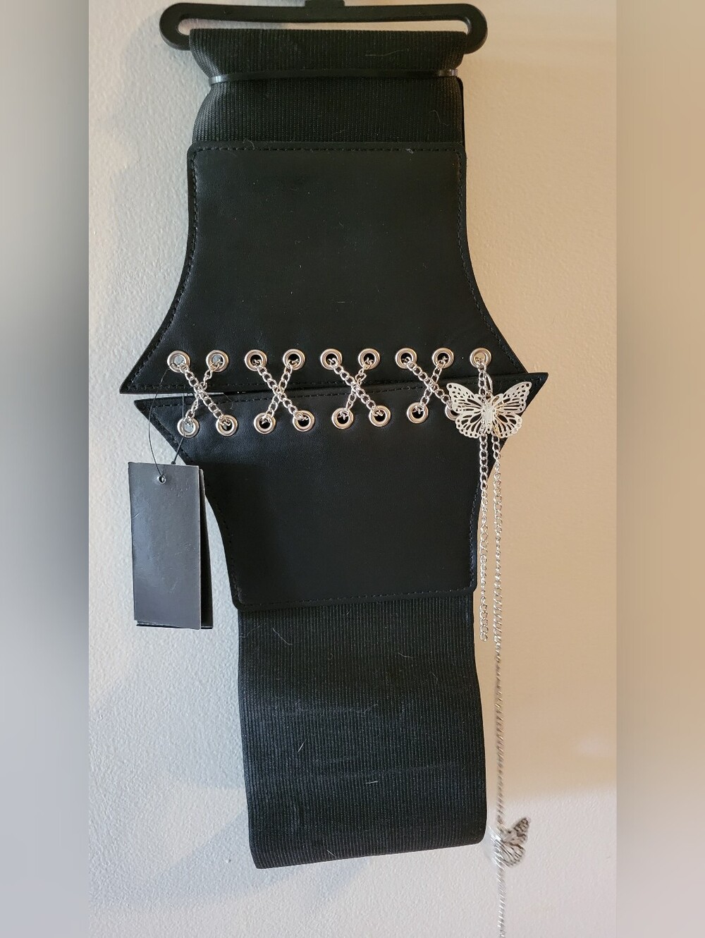 Hot Topic Black Elastic Waist Belt with Silver Butterfly Chain Accent
